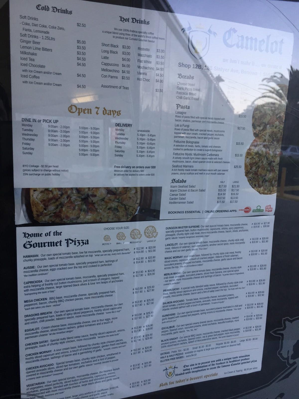 Menu at Camelot Gourmet Pizza restaurant, Benowa, Bronberg Plaza