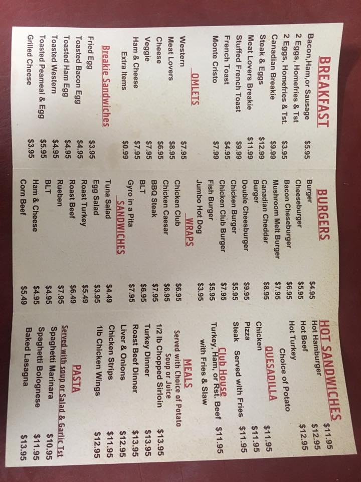 Menu at Shannons Diner restaurant, Rodney