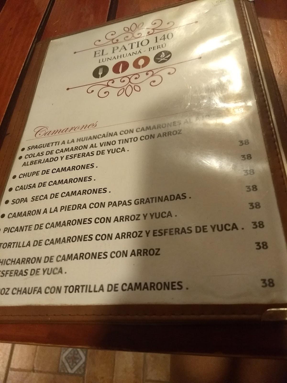 Carta del restaurante EL PATIO 140, Lunahuaná, JR GRAU 140 JIRON GRAU 140