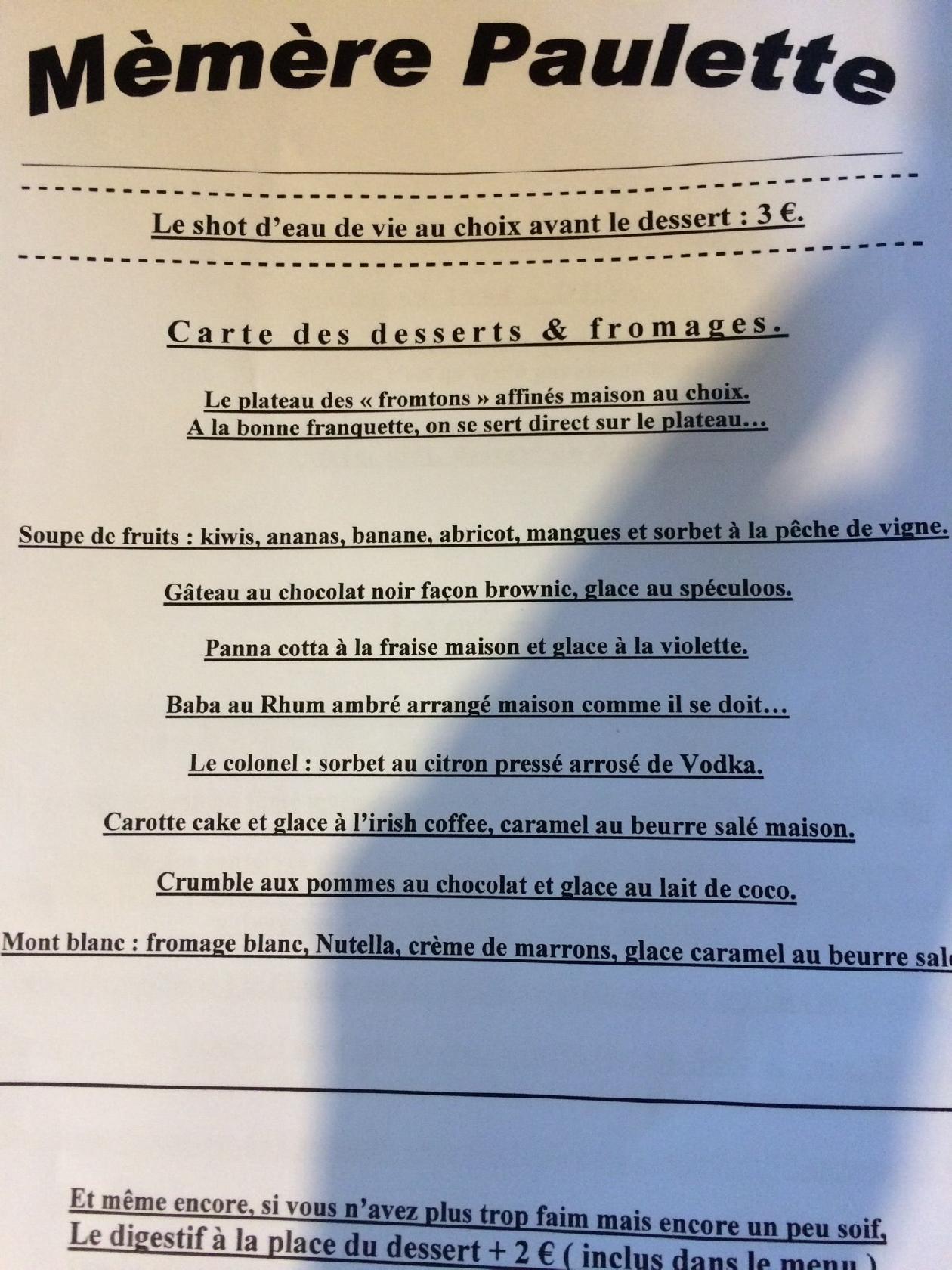 Menu at Mémère Paulette pub & bar, Paris