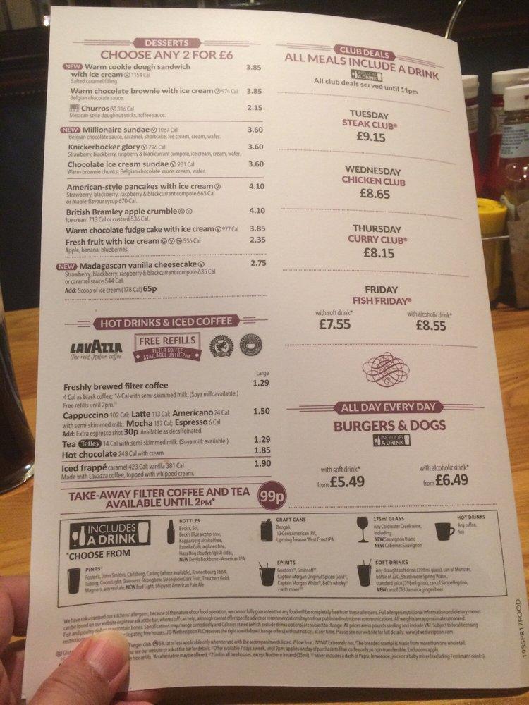 Menu At The Moon Under Water Jd Wetherspoon Pub Bar Manchester