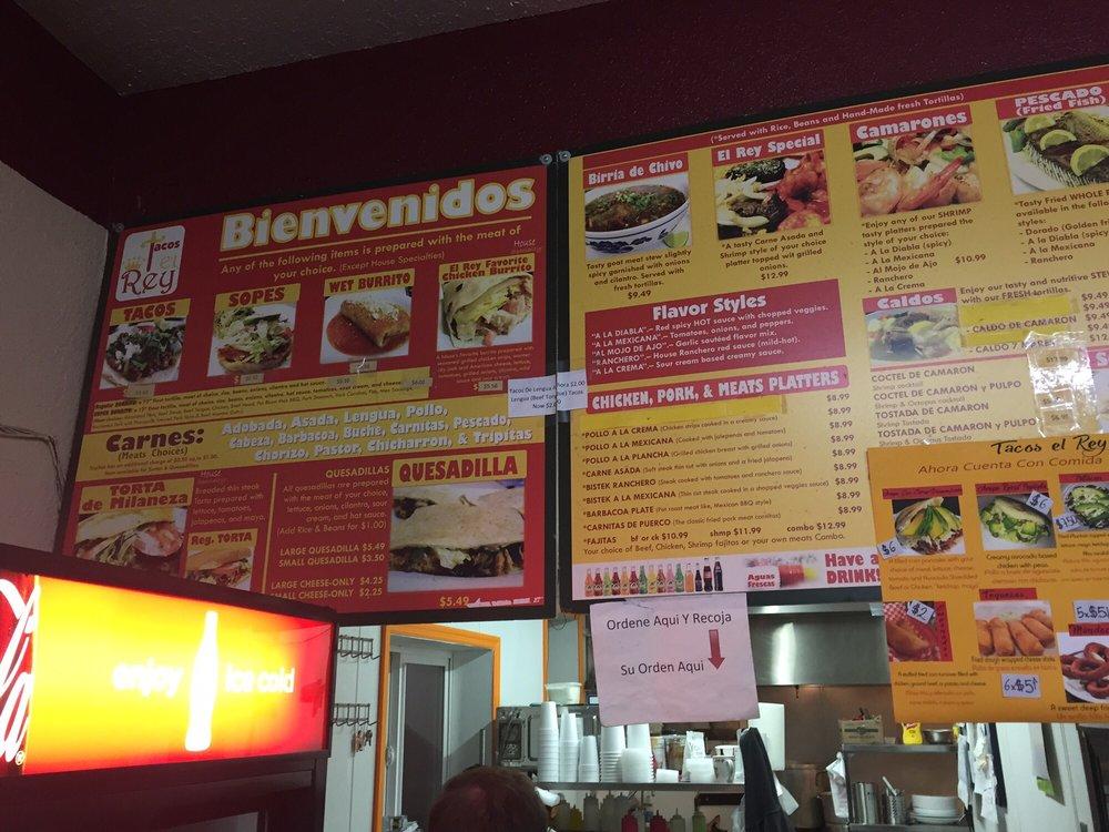 Menu at Tacos El Rey restaurant, Centralia