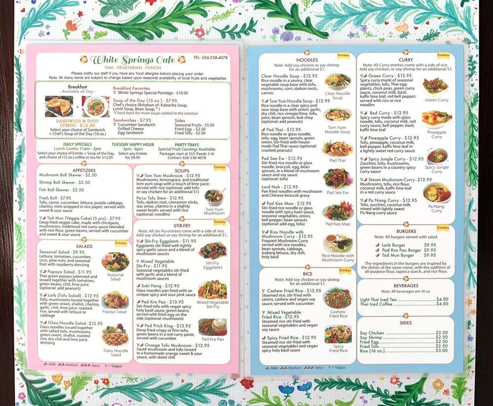 Menu at White Springs Cafe, Arcadia