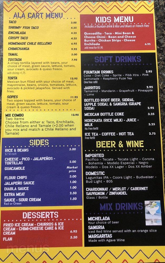 Menu at Angels Méxican Kitchen restaurant, Angels Camp