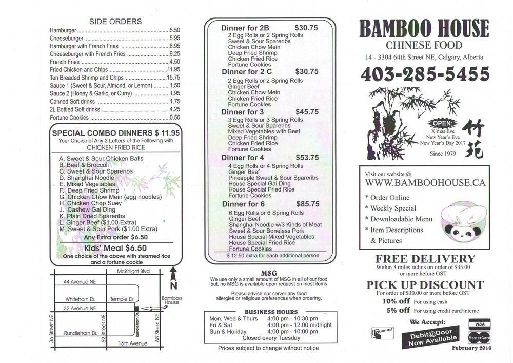Menu at Bamboo House Chinese Food restaurant, Calgary