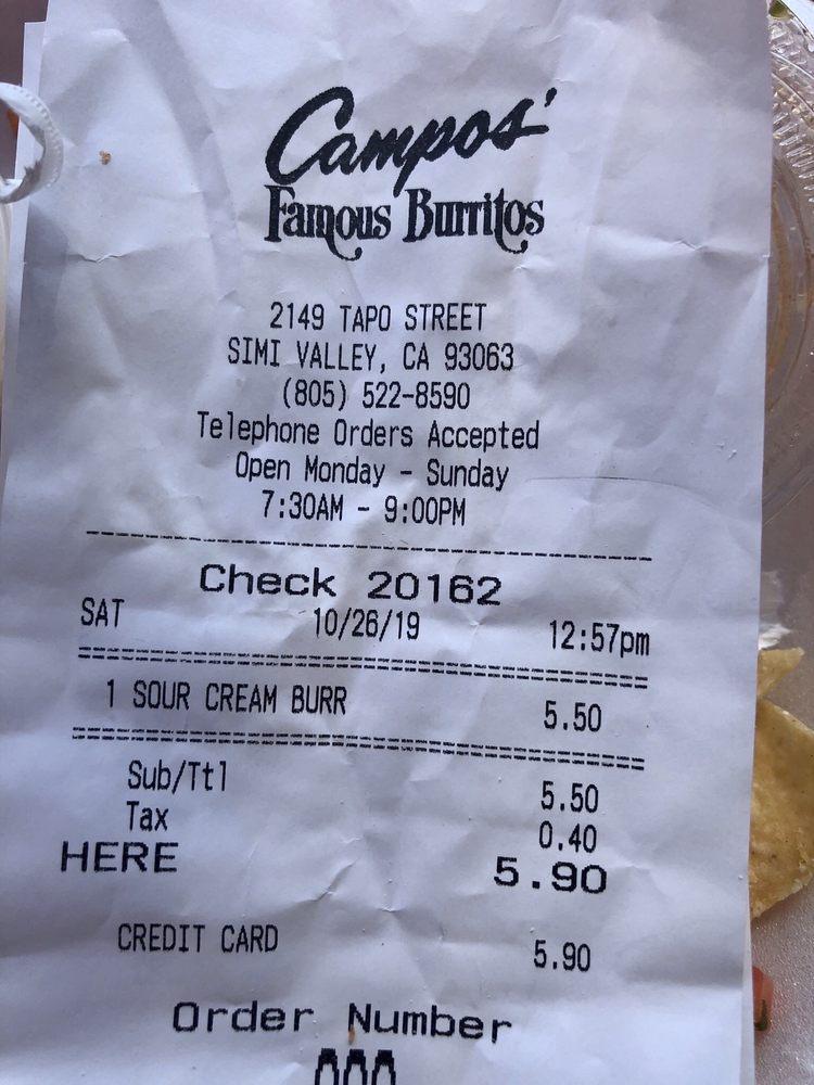Menu at Campos Famous Burritos restaurant, Simi Valley