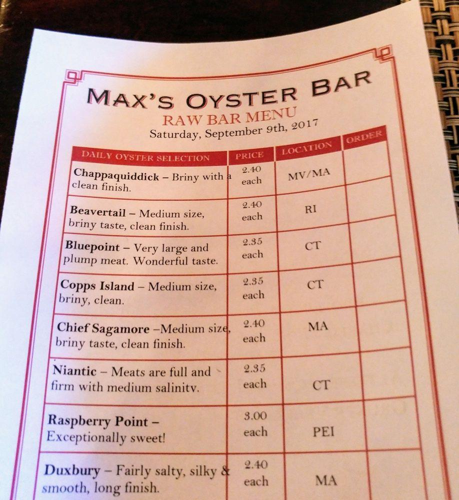 Menu at Max's Oyster Bar, West Hartford
