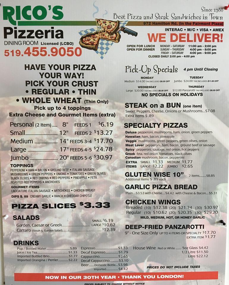 Menu at Rico's Pizzeria, London, 972 Hamilton Rd