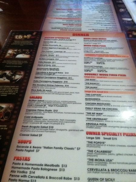 Menu at Sicilian Oven pizzeria, Lighthouse Point
