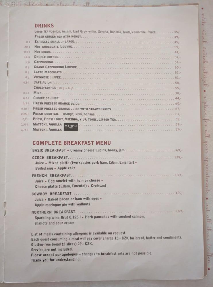 Menu at Café Louvre cafe, Prague, Národní 22