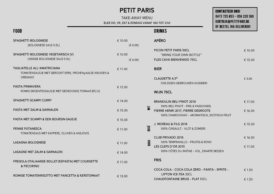 Menu at Petit Paris, Kortrijk