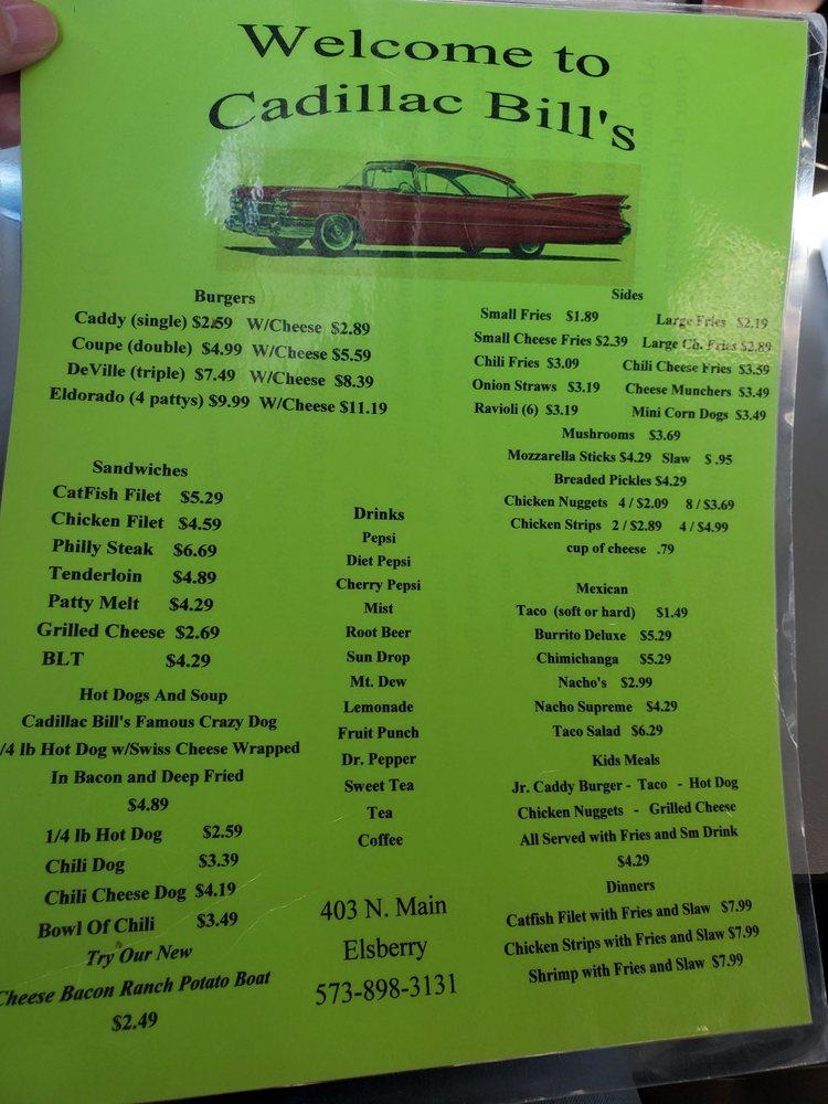 Menu at Cadillac Bill's restaurant, Elsberry