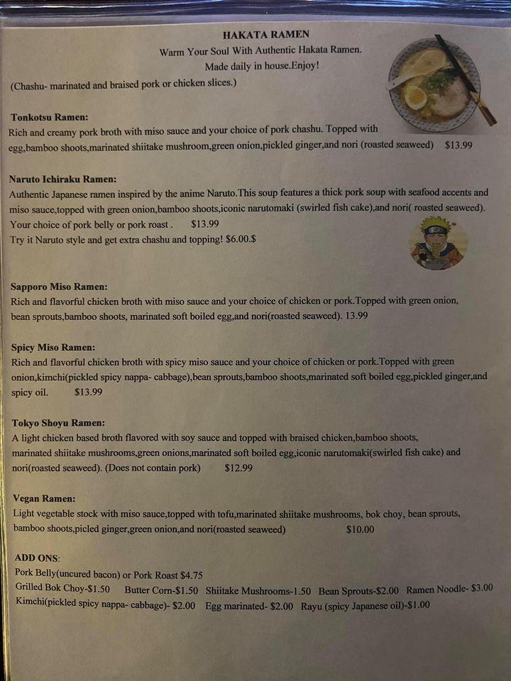 Menu at Hakata Teppanyaki, Sushi, and Ramen restaurant, Jacksonville