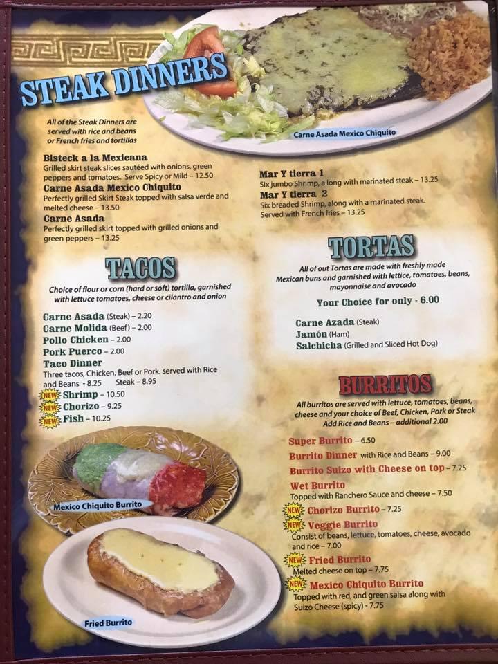 Menu at Mexico Chiquito restaurant, Lowell