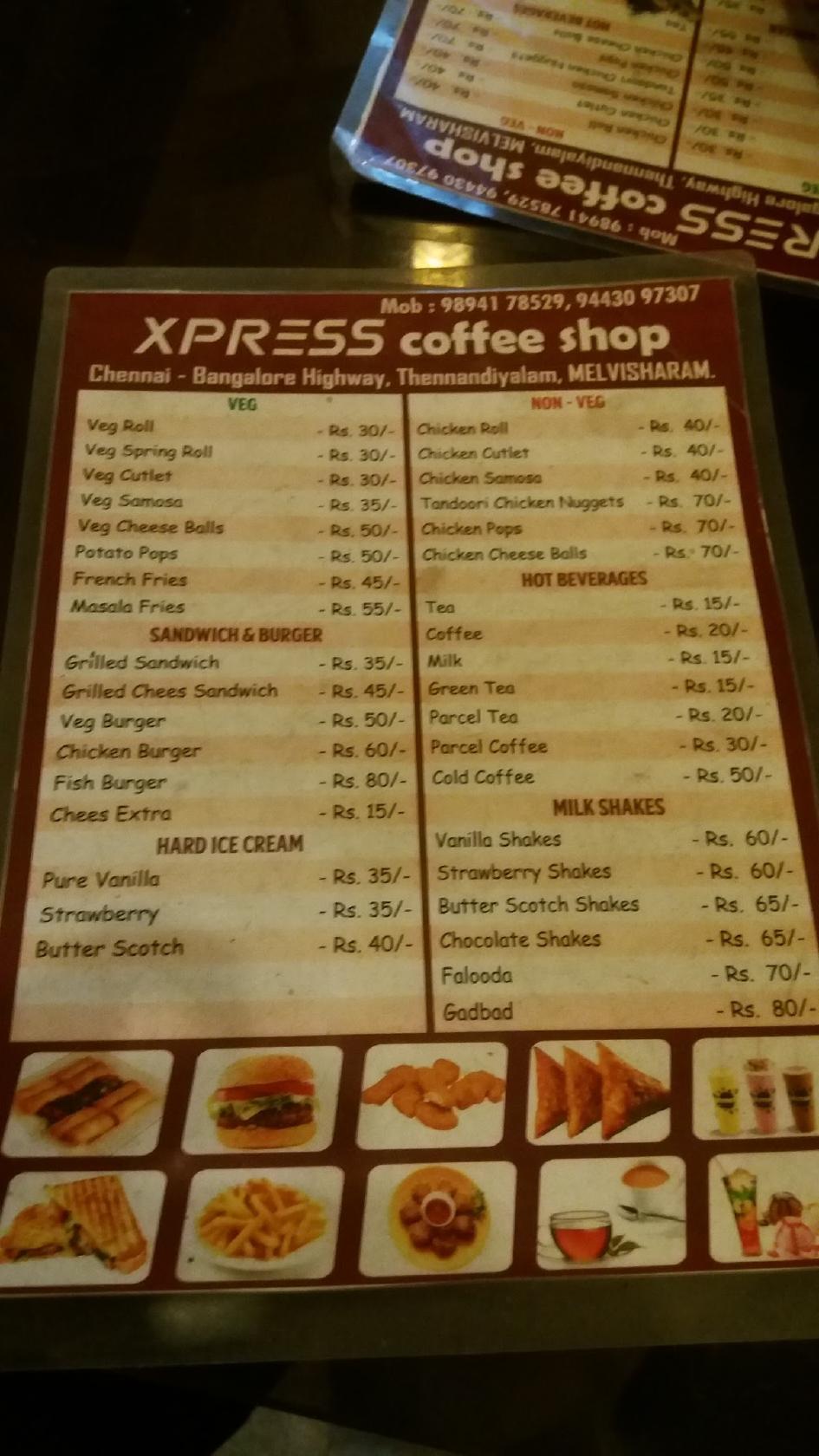 Menu at Xpress Coffee Shop, Melvisharam