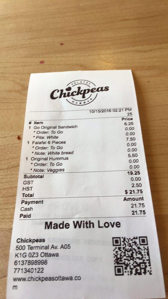 Menu at Chickpeas fast food, Ottawa, 500 Terminal Ave A05