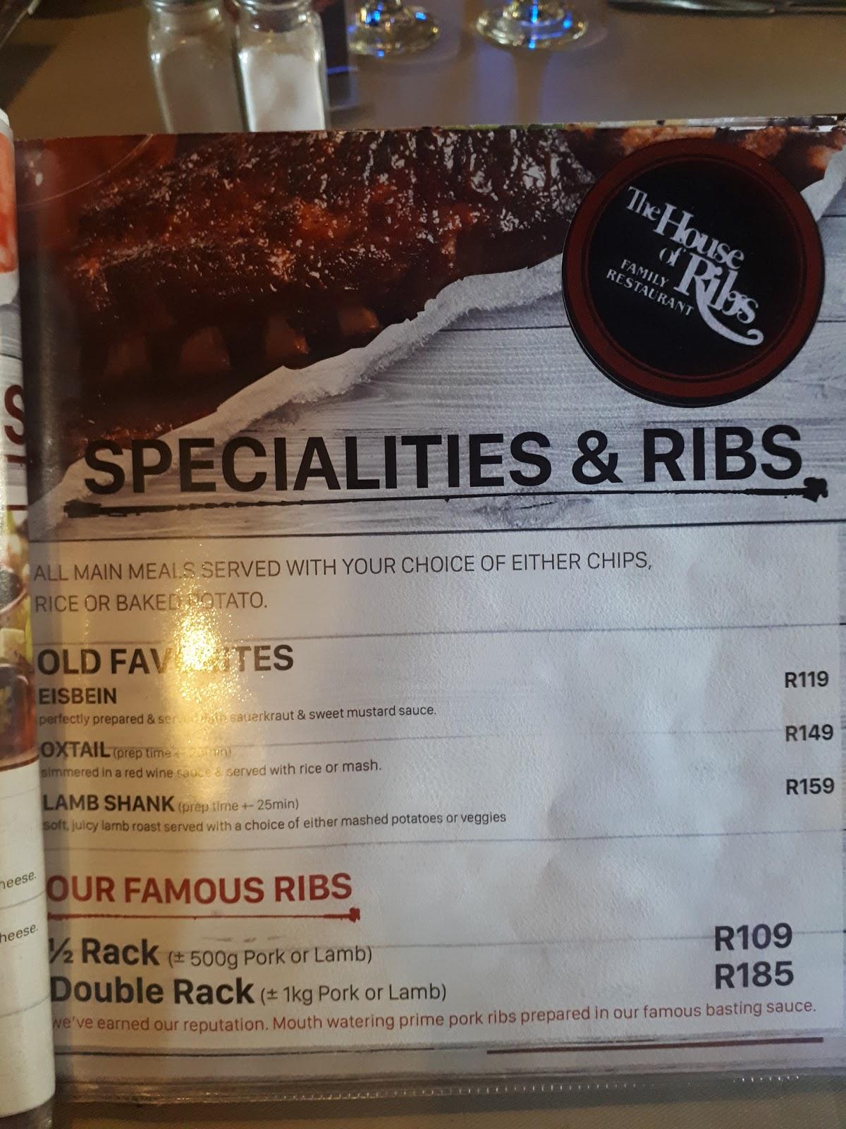 Menu at The House of Ribs, Festival Mall restaurant, Kempton Park, 150