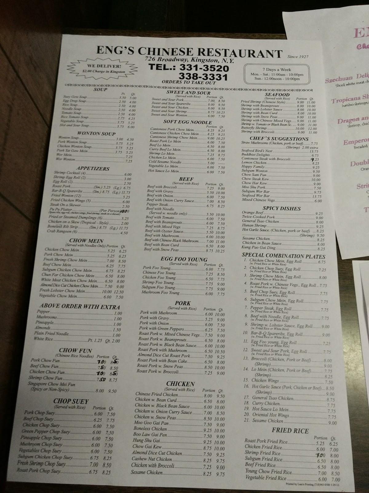 Menu at Eng's restaurant, Kingston