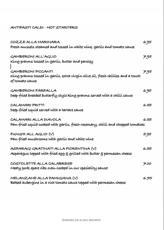 Menu at La Gondola restaurant, Kirkcaldy