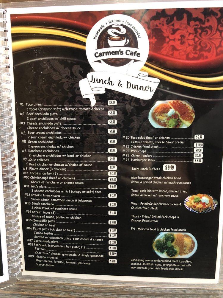Menu at Carmen's Cafe, Godley