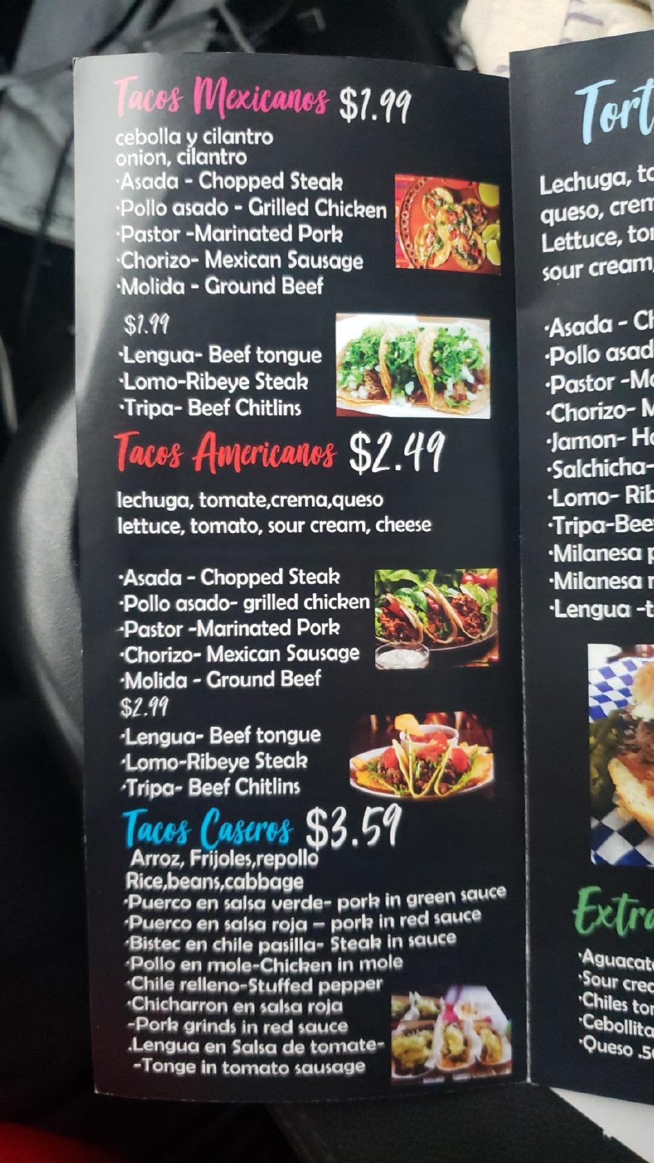 Menu at Las Tarascas Restaurant, South Bend