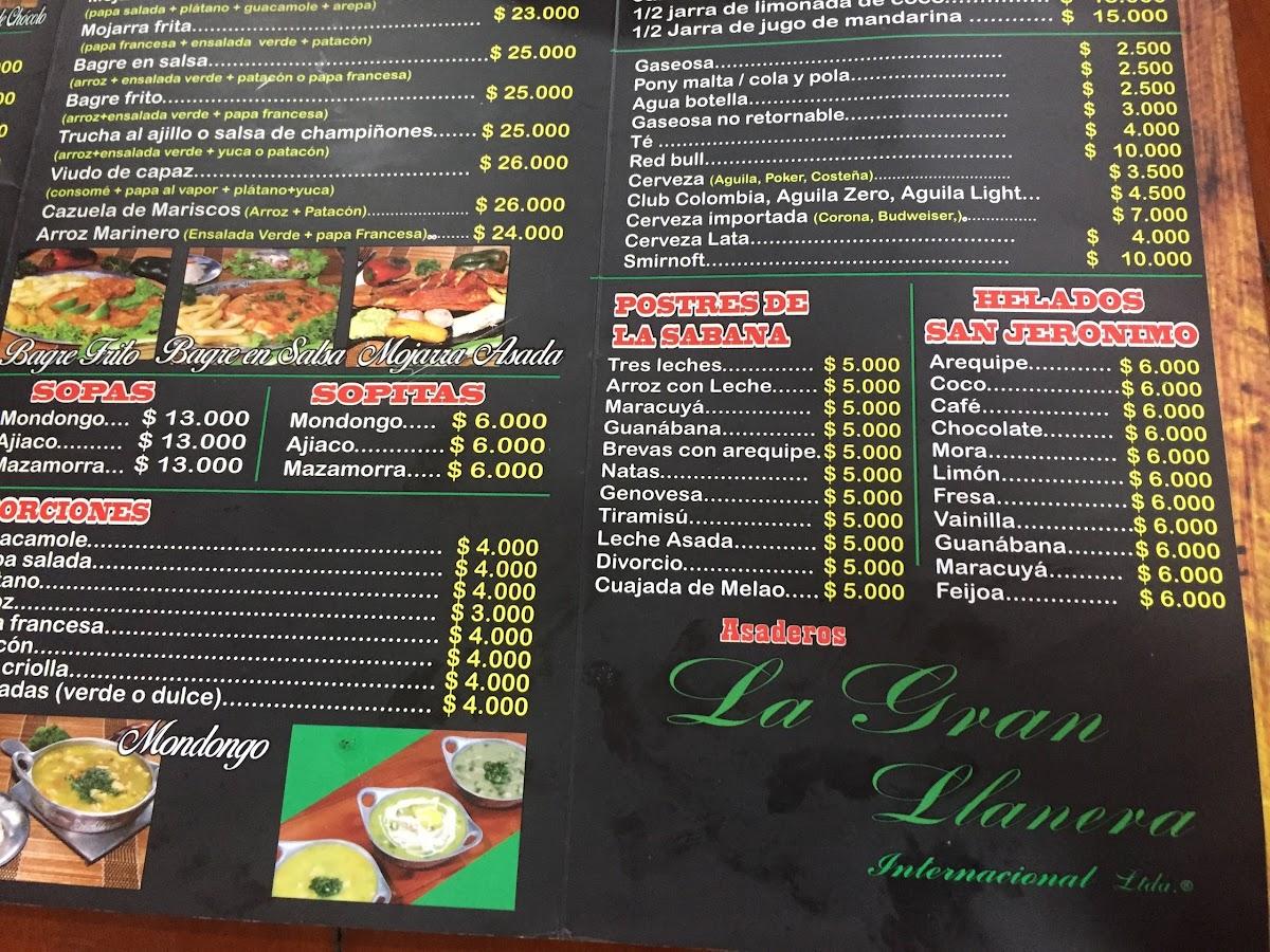 Carta del restaurante La Llanerita, Bogotá, Ac. 24 #12255