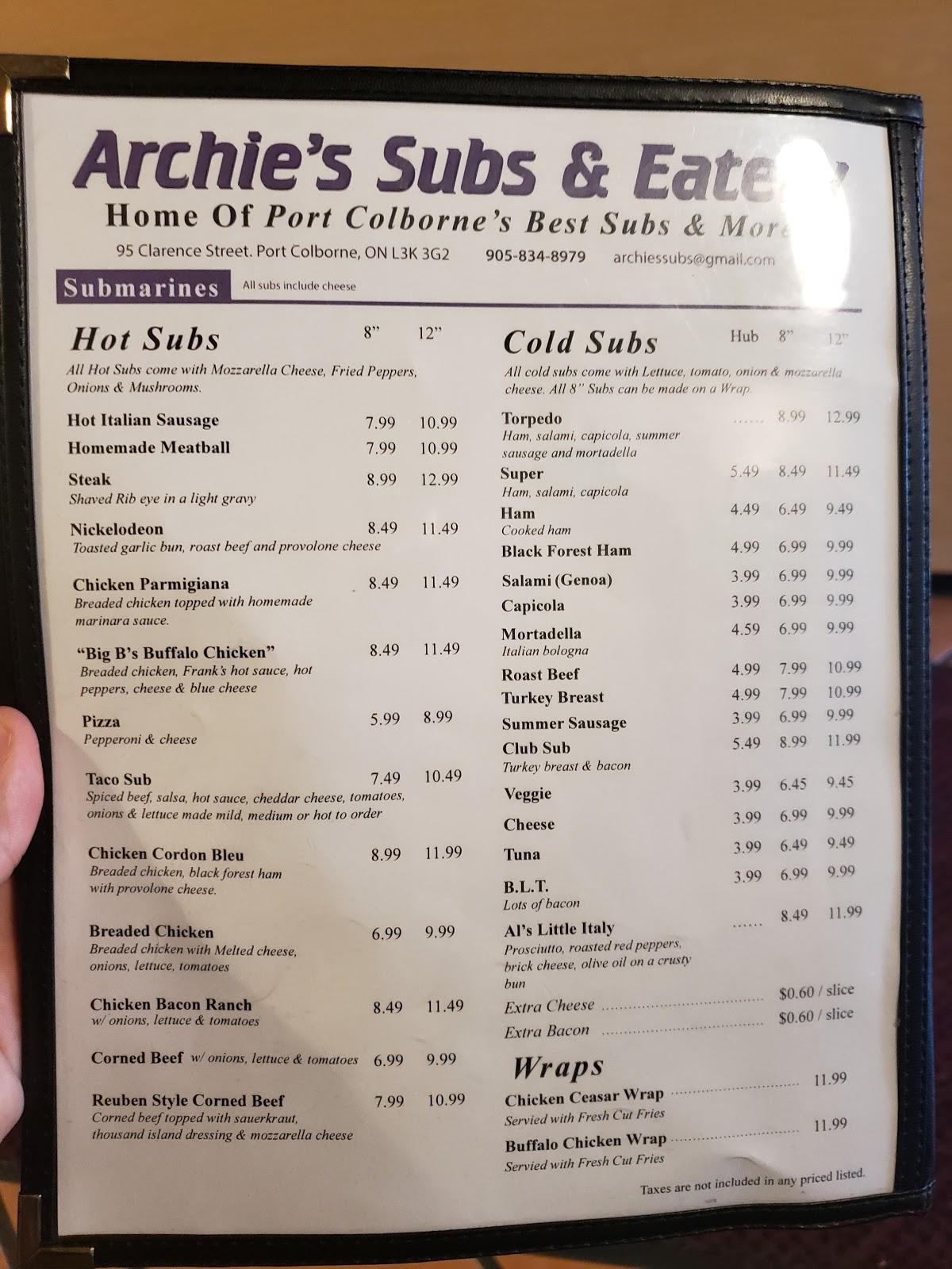 Menu at Archie's Subs and Eatery restaurant, Port Colborne