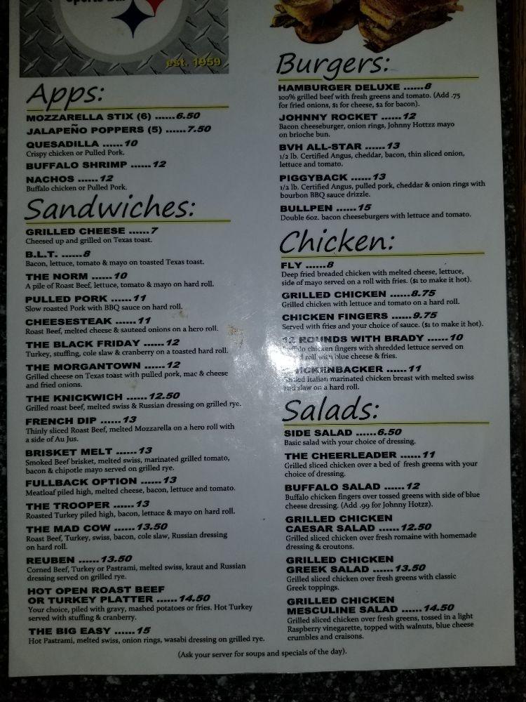 Menu At B.v.h. Sports Bar, Barryville