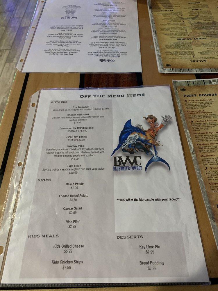 Menu at Blue Water Cowboy Saloon & Mercantile pub & bar, Port Aransas