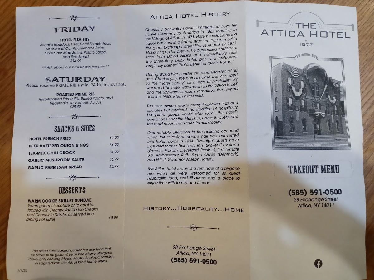Carta del restaurante Attica Hotel., Attica, 28 Exchange St