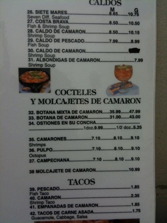 Menu at Mariscos Martin restaurant, La Puente, Valley Blvd