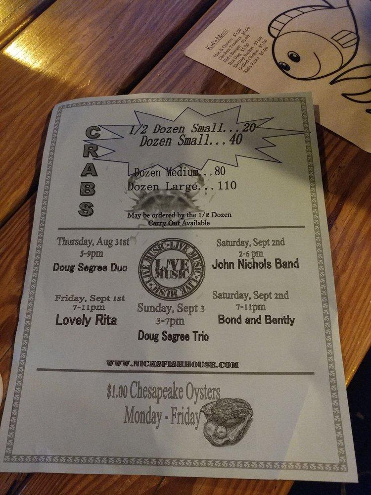 Menu at Nick's Fish House restaurant, Baltimore