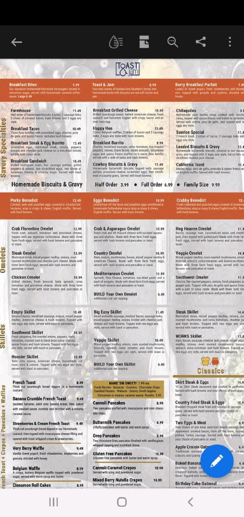 Menu at Toast & Jam restaurant, Schererville, Mallard Ln