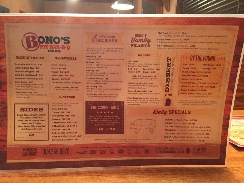 Menu At Bono's Pit Bar-B-Q, Fleming Island