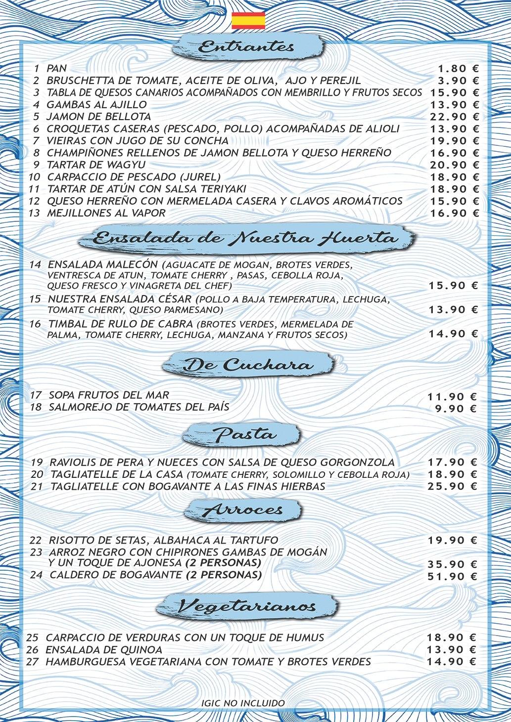 Menu at El Malecon De Mogan restaurant, Lomo Quiebre