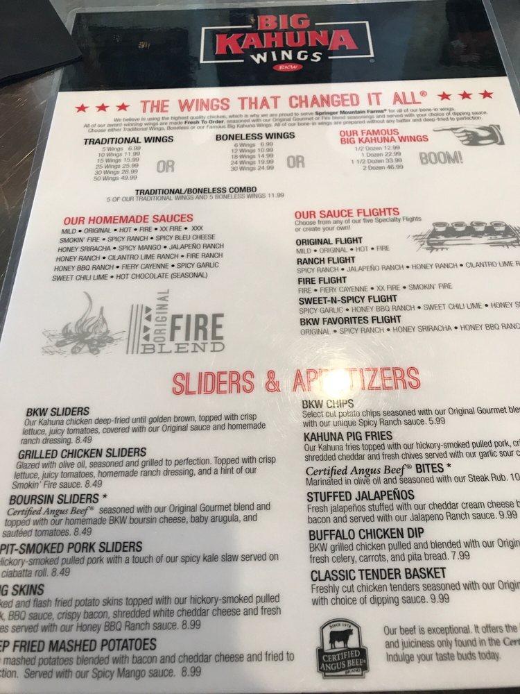 Menu at Big Kahuna Wings Farragut restaurant, Knoxville