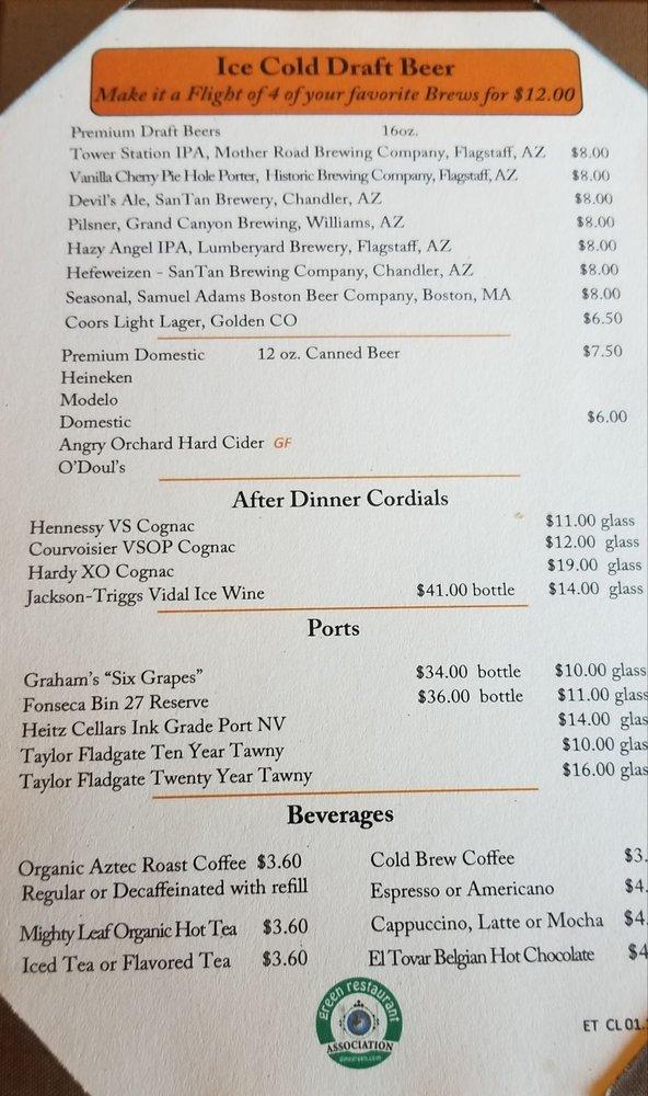 Menu at El Tovar Dining Room pub & bar, Grand Canyon Village, 1 El Tovar Rd
