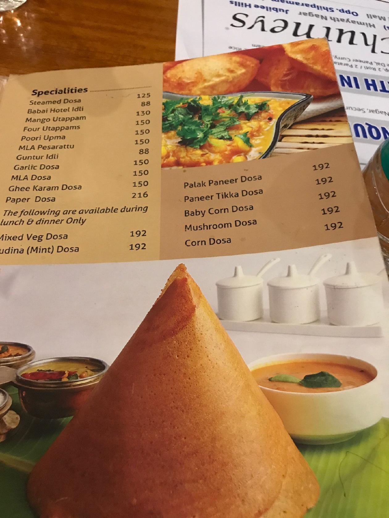 Menu at Chutneys, Secunderabad