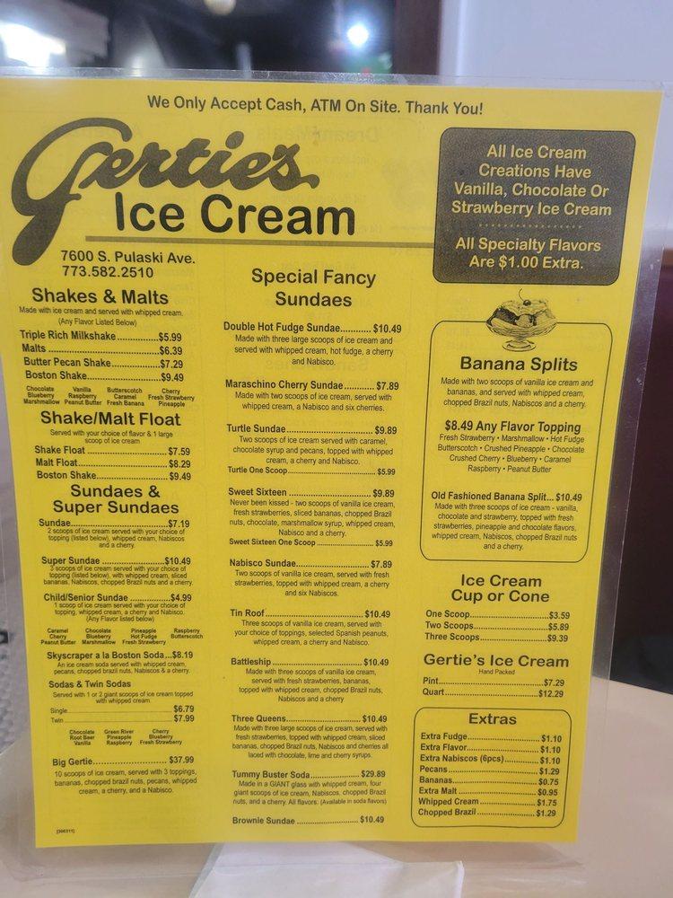 Menu at Lindy's Chili & Gertie's Ice Cream restaurant, Chicago, S