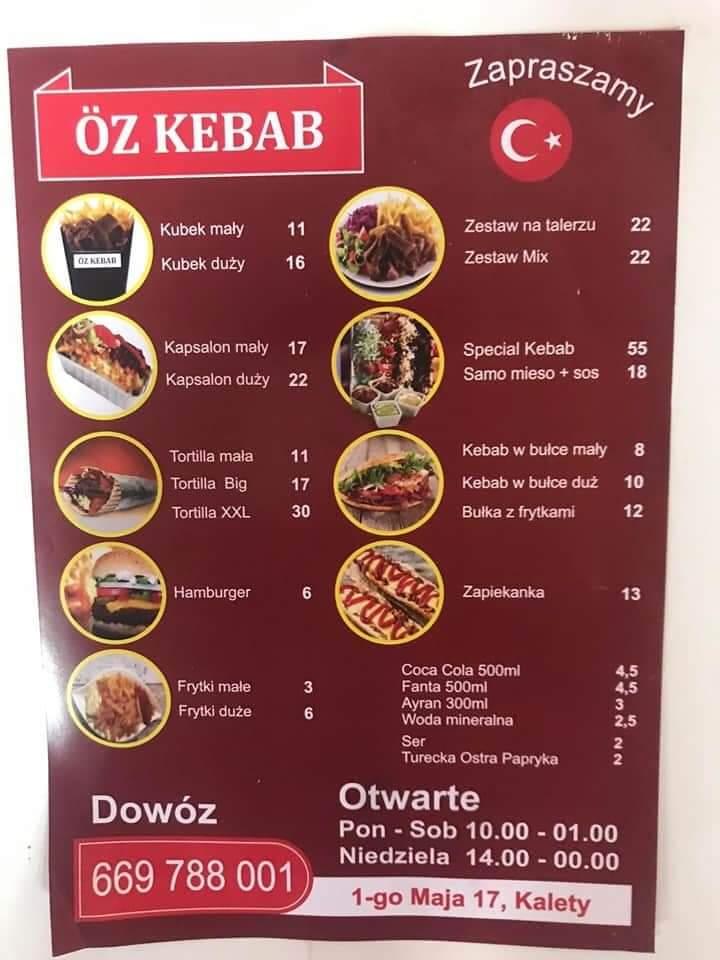 Menu at ÖZ KEBAB restaurant, Kalety
