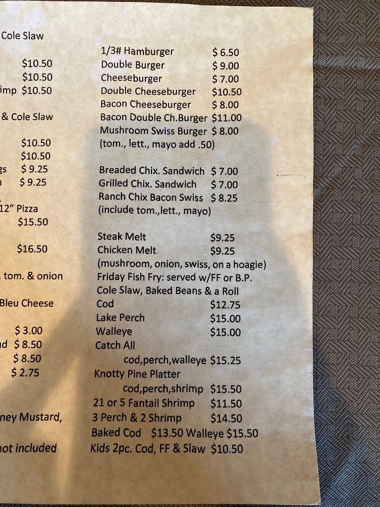 Menu at Knotty Pine pub & bar, USA