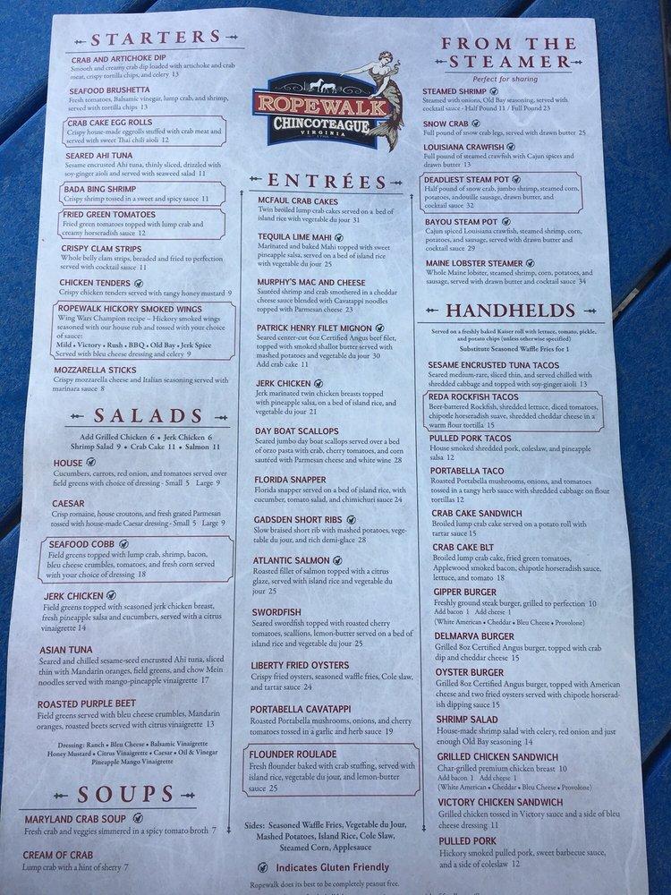 Menu at Ropewalk Restaurant Chincoteague, Chincoteague Island