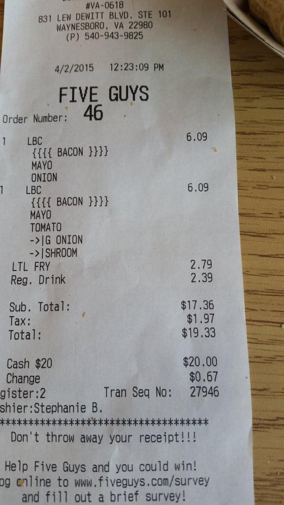 Menu at Five Guys fast food, Waynesboro, 831 Lew Dewitt Blvd