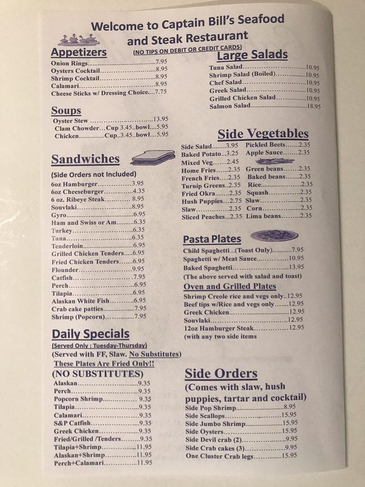 Menu at Captain Bill's Seafood & Steak Restaurant We are open for Dine ...