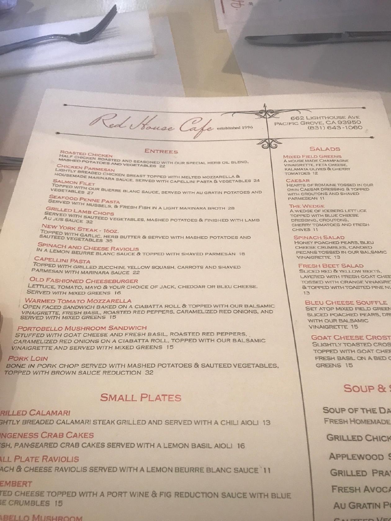 Menu at Red House Cafe, Pacific Grove