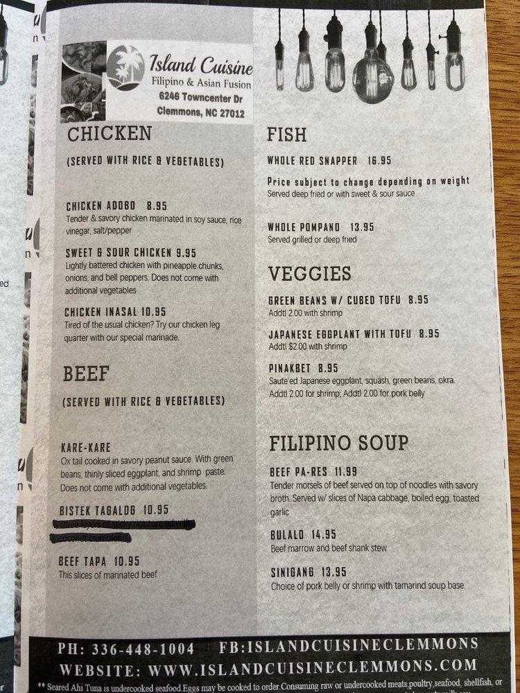 Menu at Island Cuisine Clemmons restaurant, Clemmons