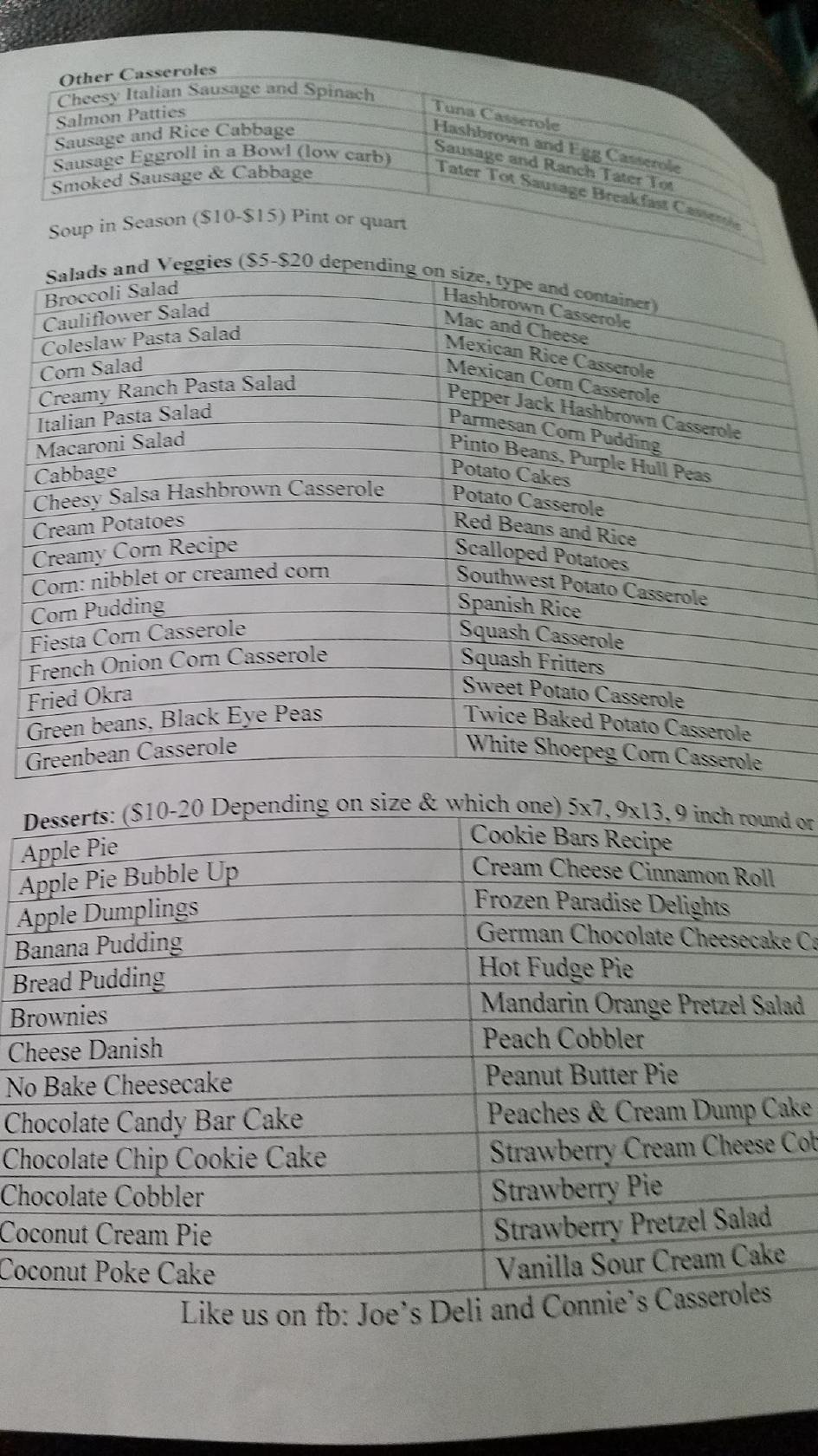Menu at Joe's Deli and Connie's Casseroles restaurant, Decatur