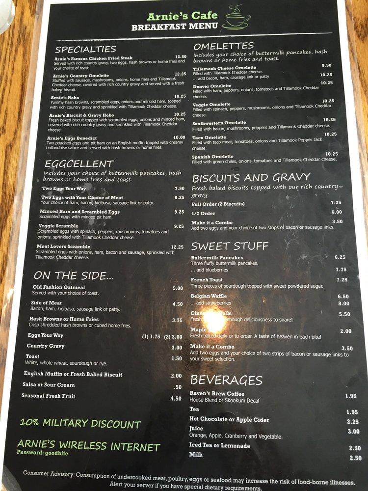 Menu at Arnie's Cafe, Warrenton