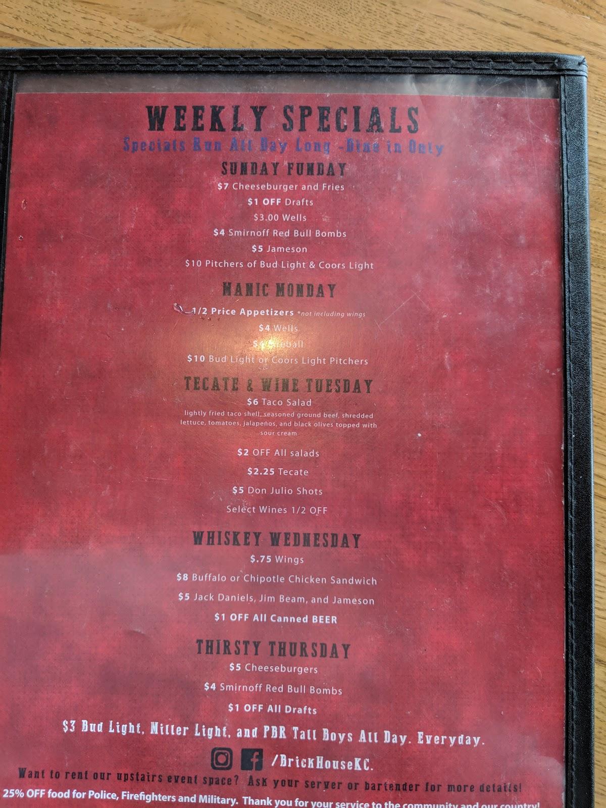 Menu at Brick House KC pub & bar, Kansas City