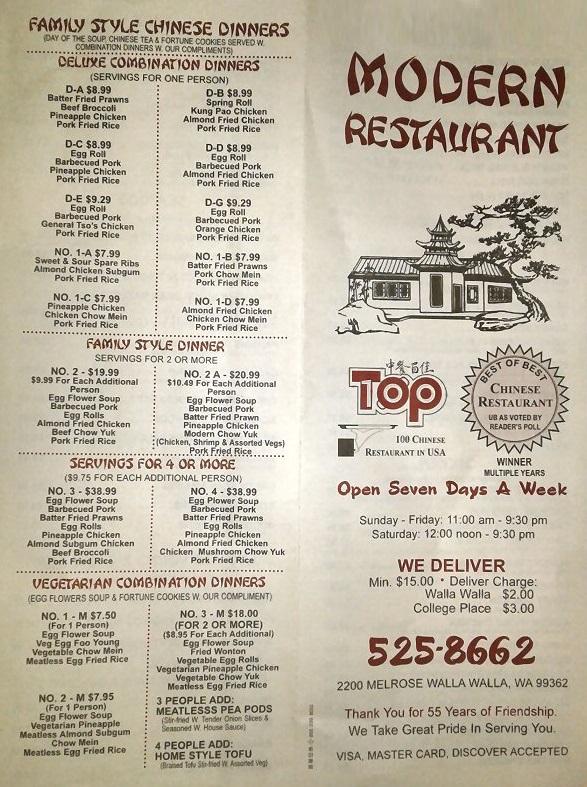 Menu at Modern Restaurant, Walla Walla